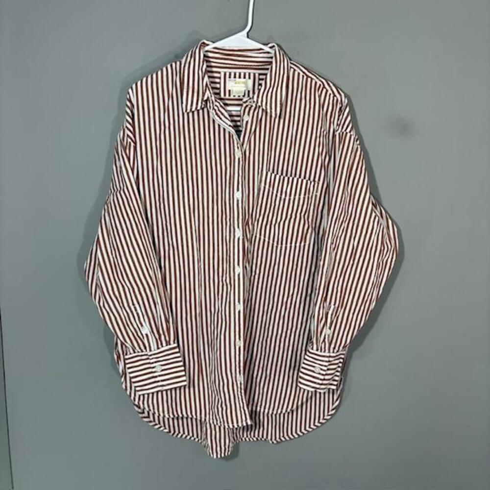 Maeve Shirt Womens Medium Brown Stripe Collared Button Long Sleeve Cotton Top